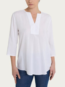Blusa con scollo a V e manica 3/4 in Voile di Viscosa Satin Ragno – Bianco – foto 1