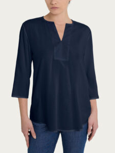 Blusa con scollo a V e manica 3/4 in Voile di Viscosa Satin Ragno – Bleu – foto 1